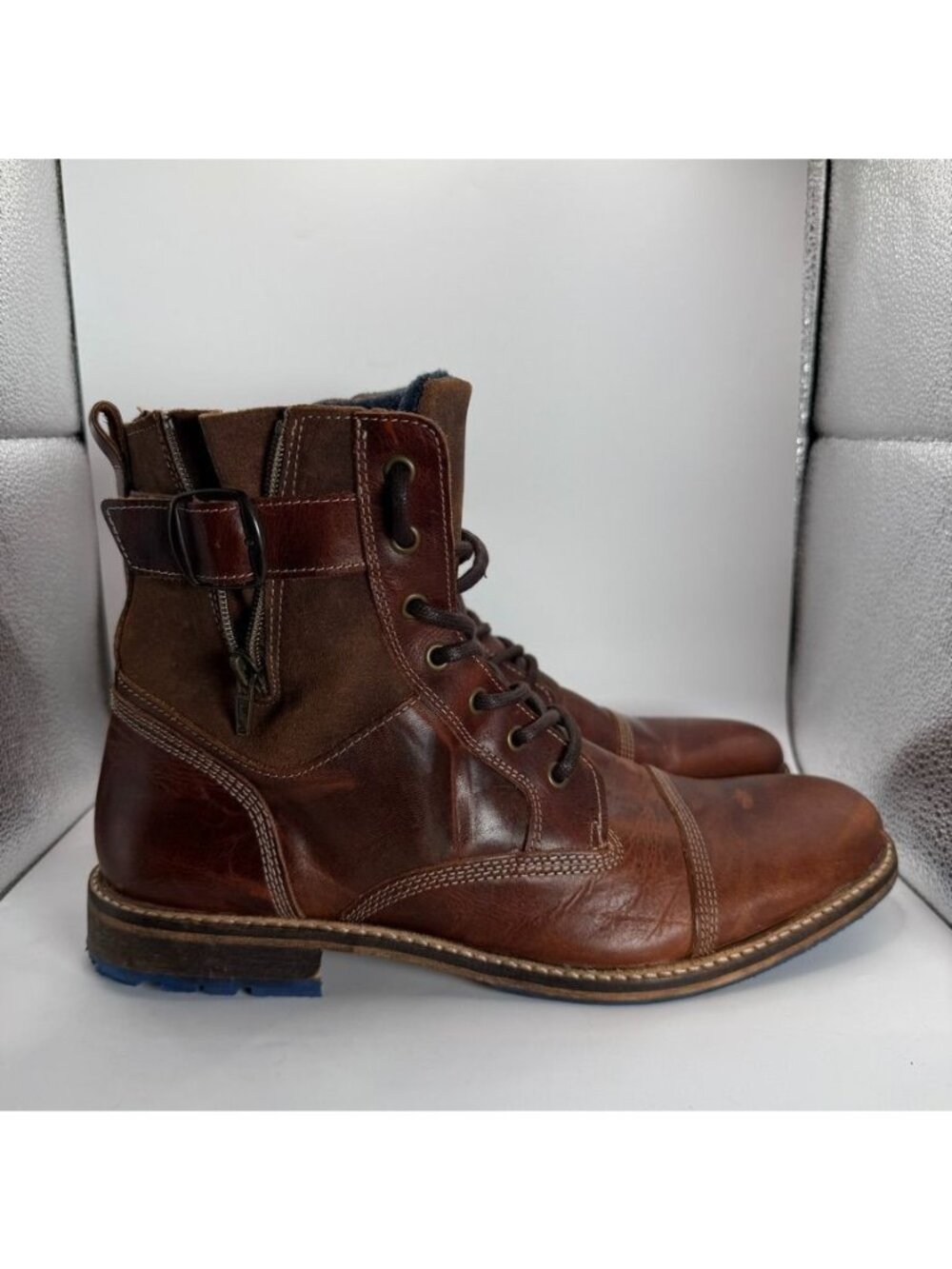 Aldo Mens Brown Leather Lace-Up Combat Boots Size 13 With Blue Soles Portugal